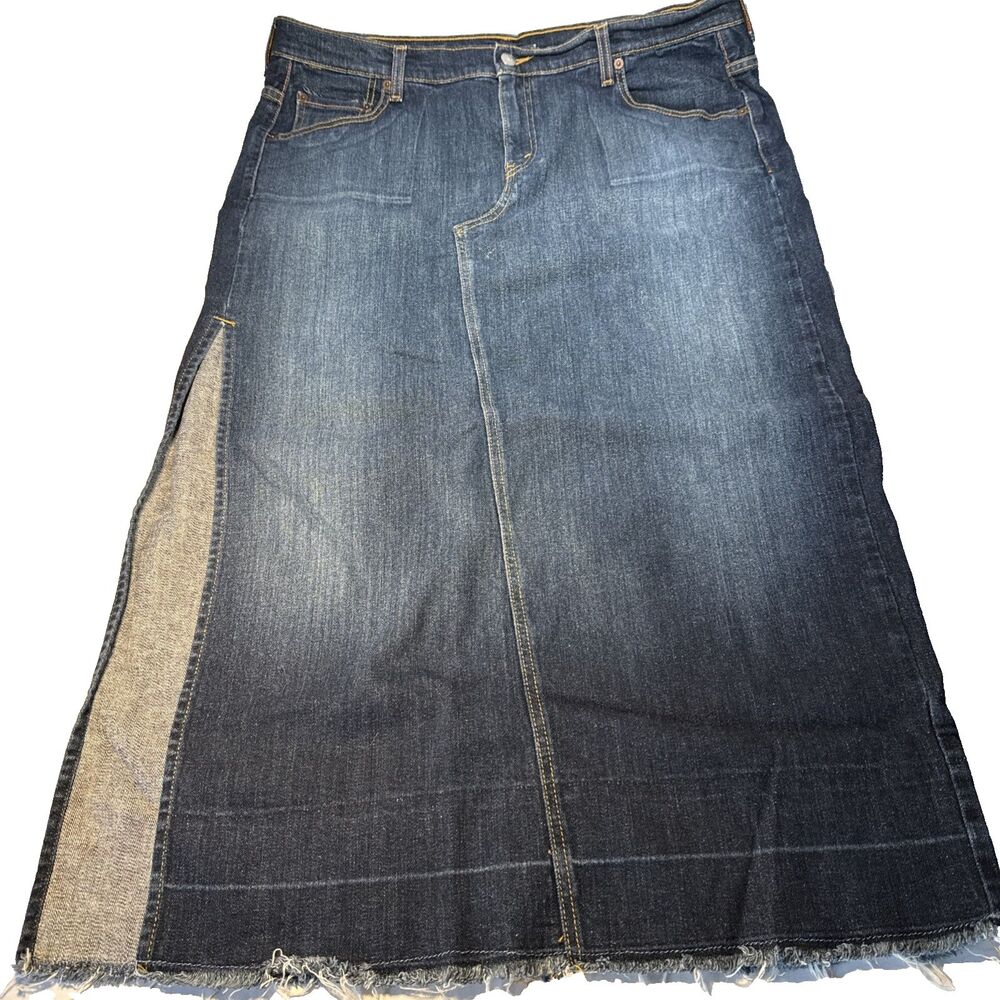 Women's Levi's Denim Jean Maxi Skirt Side Slit Size 18W Frayed Hem Exc C Festiva